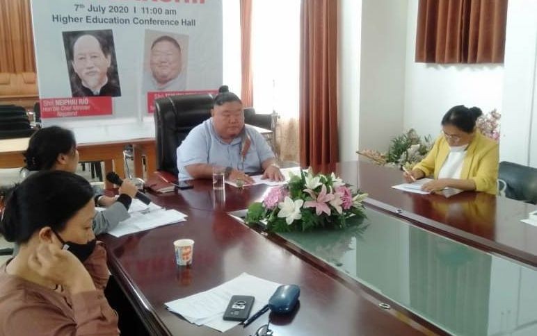 Minister Temjen Imna Along addressing a press conference on scholarship held in Kohima on July 7. (Photo Courtesy: Twitter)